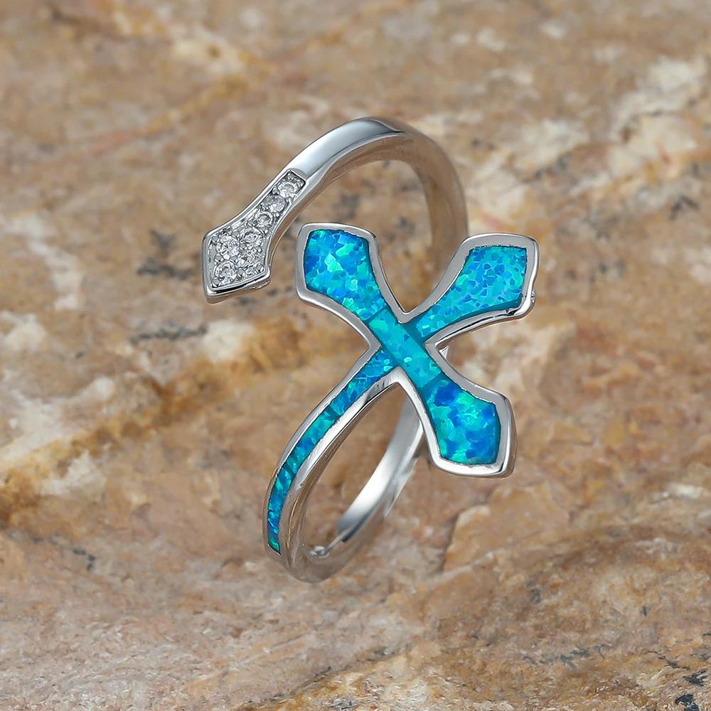 Trendy Female Cross Open Ring Charm Silver Color Thin Wedding Rings For Women Dainty Bride Blue Fire Opal Engagement
